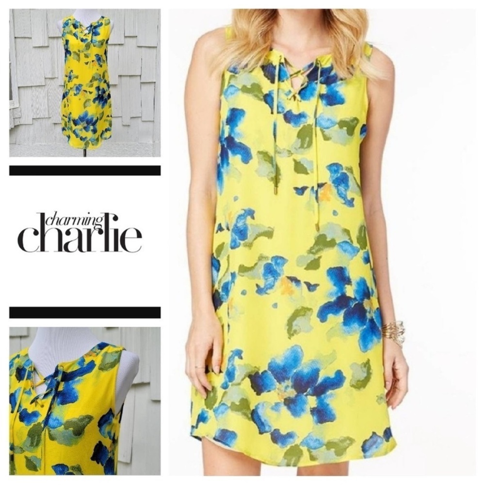 Charming Charlie Women’s Yellow & Blue Floral Laced Front Shift Dress Size Small